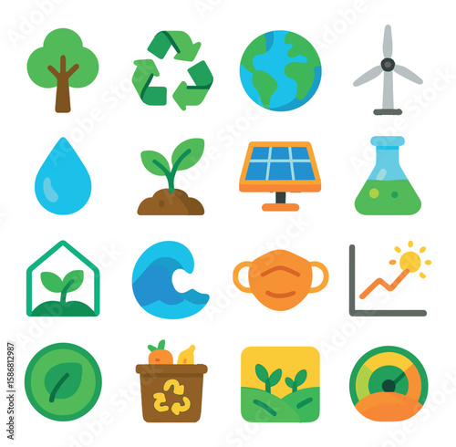 Eco-friendly icon collection. environment, sustainability, nature, energy, recycling flat