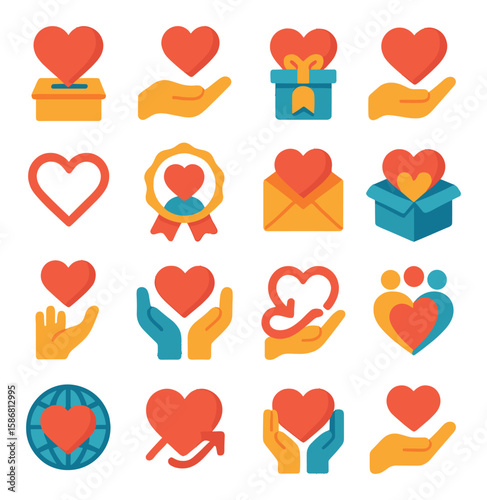 Charity icon collection. simple giving, heart, hands, donation, gift, support