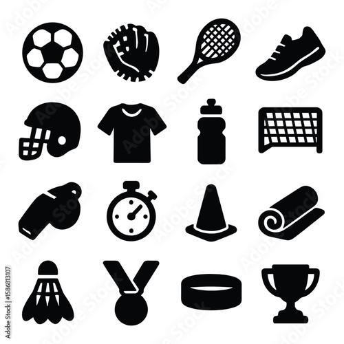 Sports icon collection: silhouette icons for soccer, baseball, tennis, and more