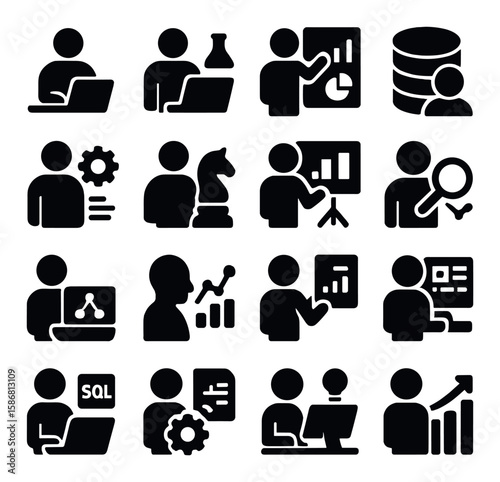 Data roles icon collection. business analytics silhouette icons: analyst, chess, chart, database, magnifying glass, sql, presentation
