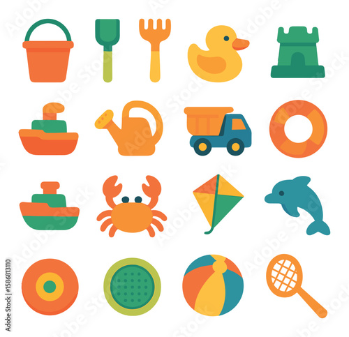 Beach toy icon collection: colorful flat sandcastle, shovel, duck, boat, crab, kite, ball