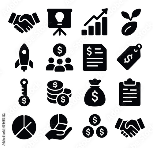 Startup funding icon collection. simple silhouette icons: handshake, graph, rocket, money, seed