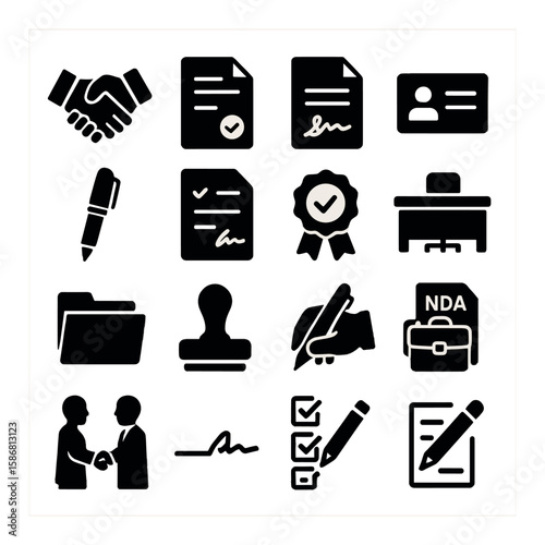 Business icon collection. essential silhouette icons: handshake, contract, desk, document