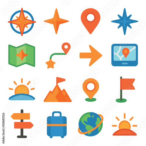 Navigation icon collection. vibrant travel simple icons: compass, map, gps, arrow, location