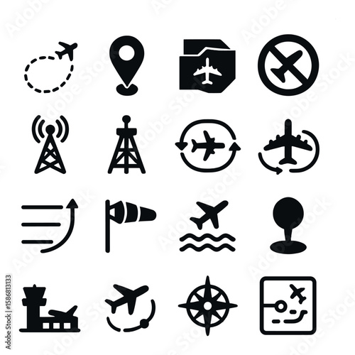 Aviation navigation icon collection. airport, plane, radar, compass, silhouette