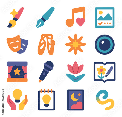 Creative empowerment icon collection. art and inspiration flat icons. brush, music, theater mask, dance, creativity