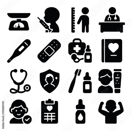 Pediatric healthcare icon collection. medical silhouette set: stethoscope, thermometer, vaccine, doctor, chart, droplet icons.