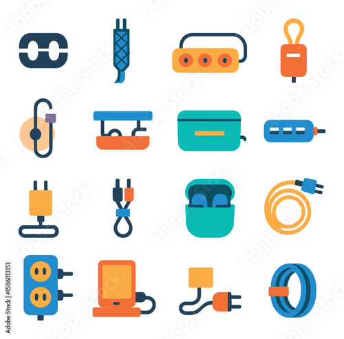 Workspace cable management icon collection. simple plugs, cords, organizers, wires, connectors