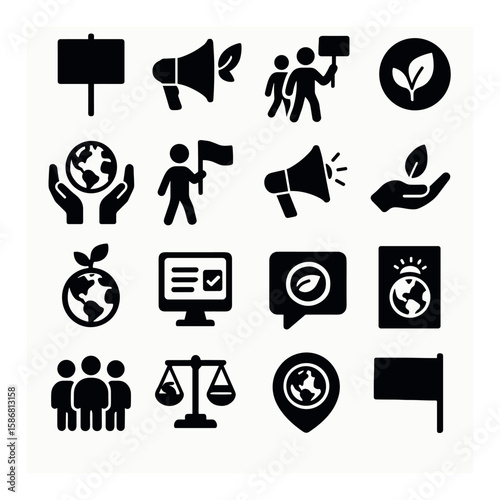 Activism icon collection: protest, megaphone, earth, equality silhouette