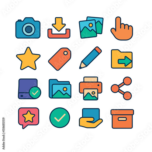 Photography workflow icon collection. simple compose icons, camera, download, share, storage