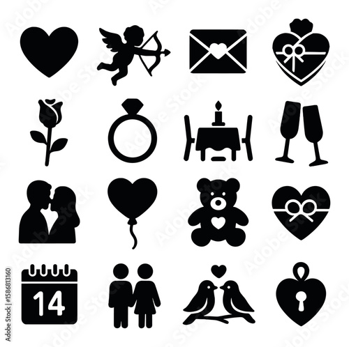 Valentine's day icon collection. love, heart, cupid, rose, gift silhouette