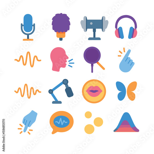 Asmr icon collection. relaxation and sound flat icons: microphone, ear, wave, whisper, headphones,