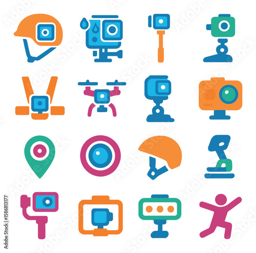 Action camera icon collection. capture, stand, drone, helmet in simple silhouette camera