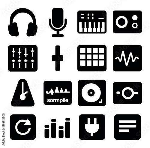 Music gear icon collection. silhouette instruments: headphone, microphone, mixer, synth,
