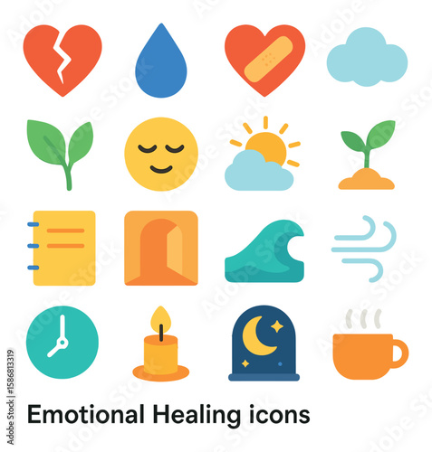 Emotional healing icon collection. simple icons for wellness and mindfulness. heart, tear, plant, sun, book