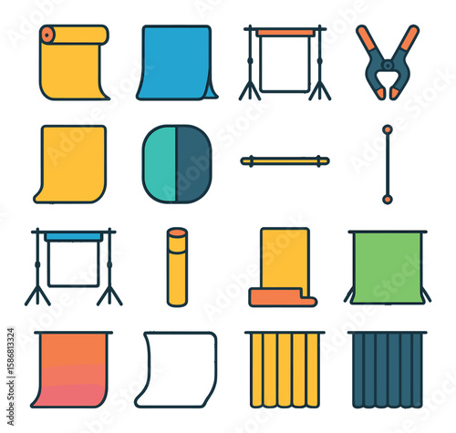 Studio setup icon collection. linear photography gear: backdrop, clamp, roller, stand, pole