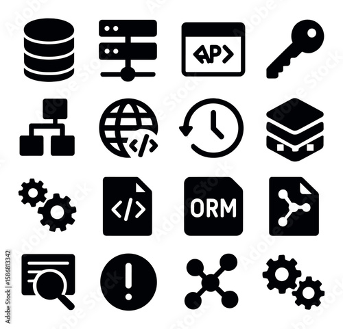 Backend icon collection. data management silhouette set: database, server, api, network, security