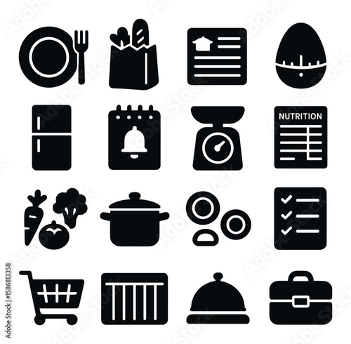 Meal planning icon collection. grocery, timer, recipe, list, scale silhouette