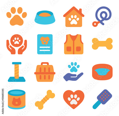 Pet charity icon collection: simple style animals, paw, bone, shelter, volunteer, adoption