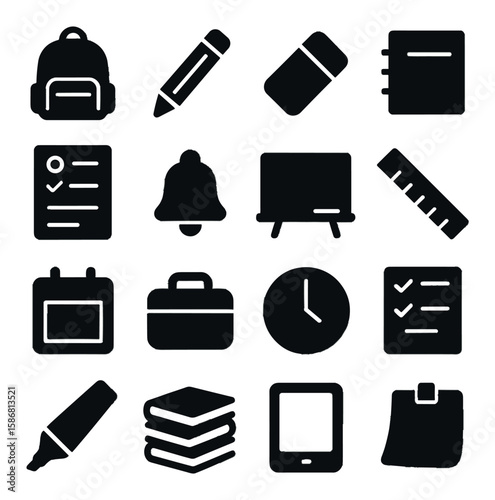Student planner icon collection. academic organization silhouette backpack, pencil, notebook, eraser, ruler