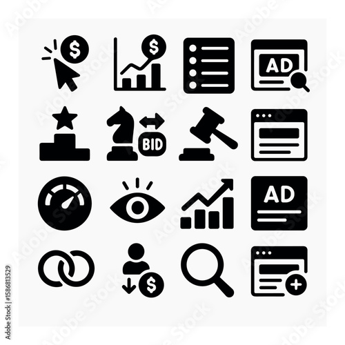 Ppc icon collection: simple linear pay-per-click icons. arrow, chart, list, ad, coin, chess, gavel