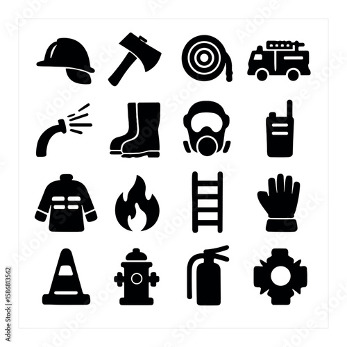 Firefighter gear icon collection. rescue equipment silhouette set. helmet, axe, hose, truck, boots, mask, radio, ladder, cone, extinguisher, hydrant, fire, glove
