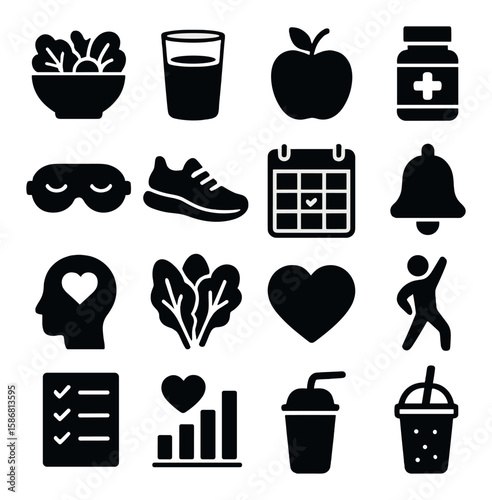 Healthy lifestyle icon collection: nutrition, exercise, wellness, sleep, simple silhouette
