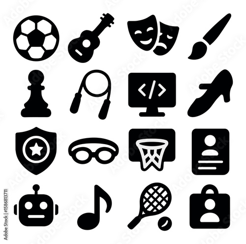 Extracurricular icon collection. simple silhouette design. soccer, guitar, art, programming, chess, dance