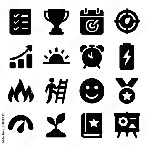 Study motivation icon collection. simple silhouette icons: checklist, trophy, calendar, growth, sunrise, alarm, battery, ladder, smile, medal, target, sprout, book, artboard
