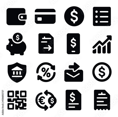 Finance icon collection. silhouette style icons: wallet, card, dollar, chart, savings, mobile, report