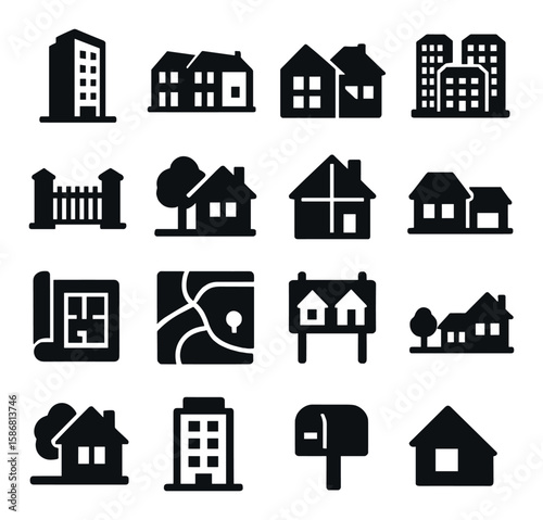 Residential planning icon collection. housing, building, architecture silhouette homes, blueprint, fence, map