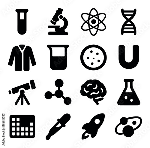 Science icon collection. research equipment silhouette icons. microscope, atom, dna, brain, rocket, laboratory icons,