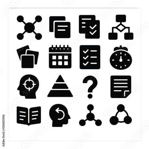 Study techniques icon collection. education silhouette icons: flashcard, checklist, mindmap, timer, pyramid,