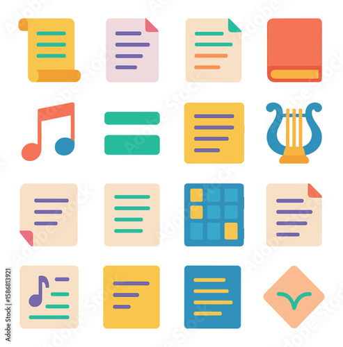 Modern poetry icon collection. simple compose icons: scroll, book, lyre, note, stanza, page