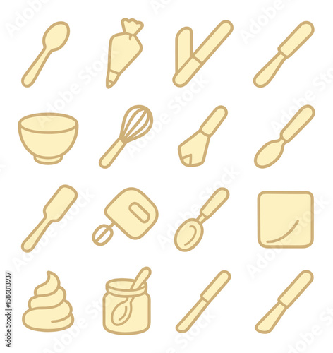 Cream utensil icon collection. simple kitchen utensils, spoon, whisk, bowl, knife, mixer