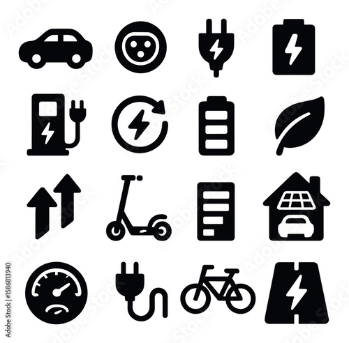 Electric vehicle icon collection. simple ev, plug, battery, charging, scooter, bicycle, eco