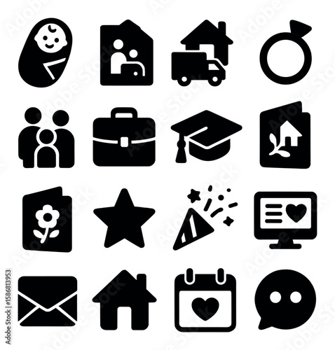Life icon collection: simple silhouette designs - baby, family, home, graduation, envelope, party, calendar, heart, chat
