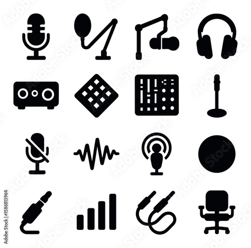 Podcast icon collection: simple silhouette microphone, headphones, mixer, wave, mic