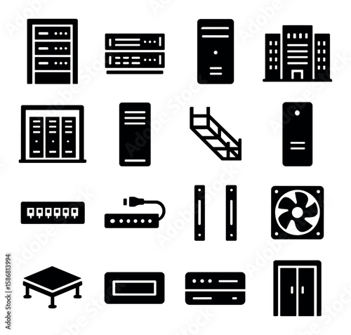 Server infrastructure icon collection. simple it assets include server, rack, router, network, data center, firewall, storage, linear