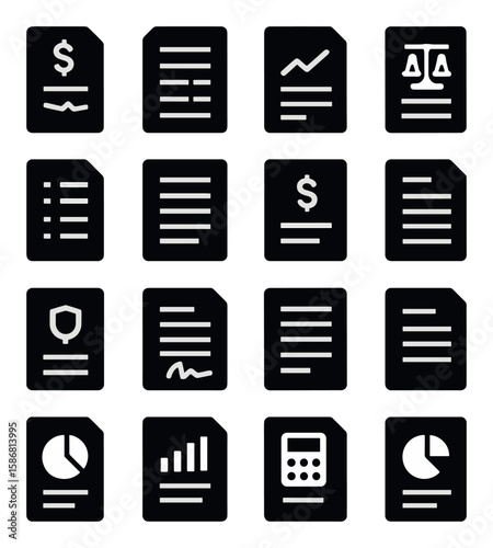 Business document icon collection. simple finance, report, shield, graph, scale silhouette