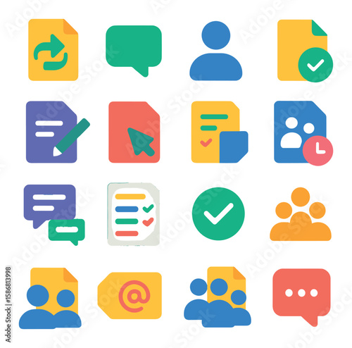 Modern collaborative icon collection: simple flat style for teamwork, communication, document, chat