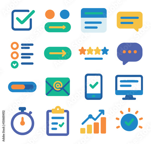 Survey icons collection: simple flat style for surveys, checklists, graphs, emails, clocks