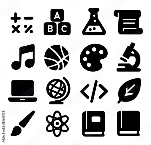 Education icon collection. simple silhouette learning symbols, book, microscope, brush, coding