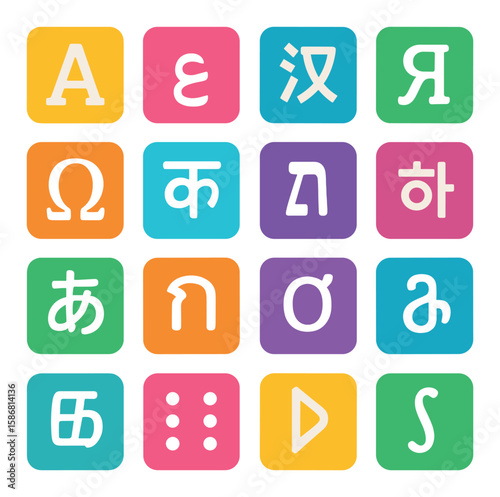 Language icon collection. diverse alphabets flat icons. english, greek, cyrillic, arabic, hindi, chinese, korean,