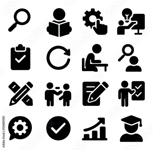 Learning steps icon collection. education and training silhouette set. book, gear, magnifying glass, checkmark, graduation cap