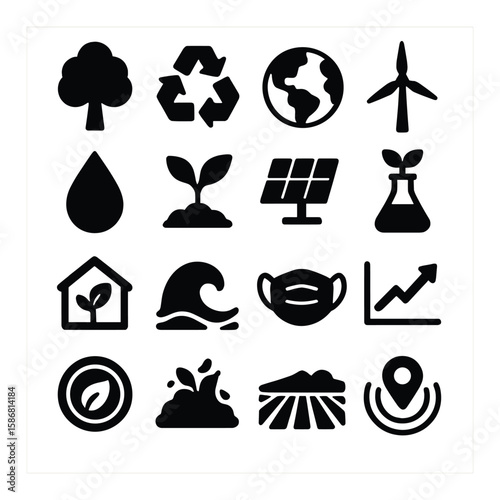 Environmental icon collection: simple silhouette nature, tree, recycling, earth, energy, eco, mask, growth