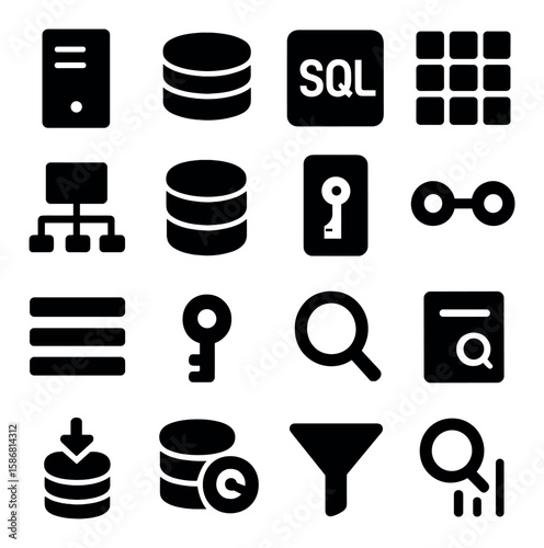 Database icon collection: simple silhouette style. sql, server, key, search, filter, grid