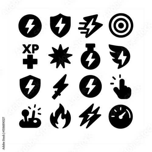 Gaming power up icon collection. simple silhouette boosts, shields, lightning, speed, xp icons