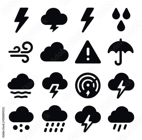 Weather icon collection: simple silhouette icons for forecasting. cloud, storm, rain, wind