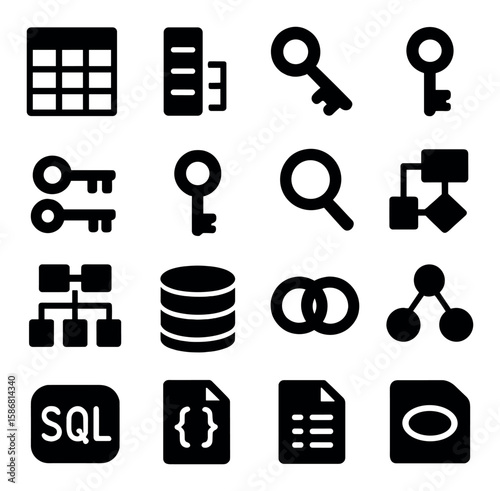 Database icon collection: silhouette data key, search, network, sql, document